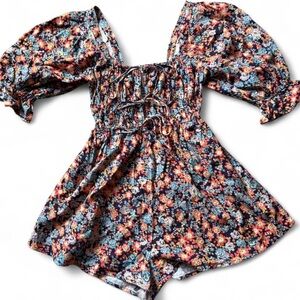 Free People floral smocked puff sleeve romper size small